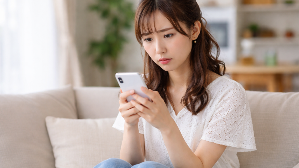 不安そうにスマホを見ている女性