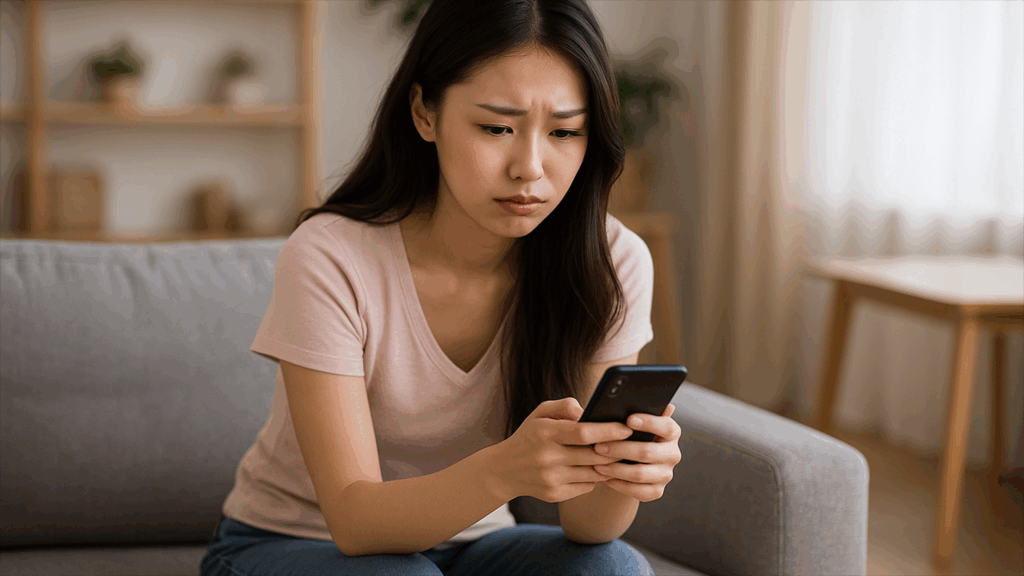 悲しそうにスマホを見ている女性