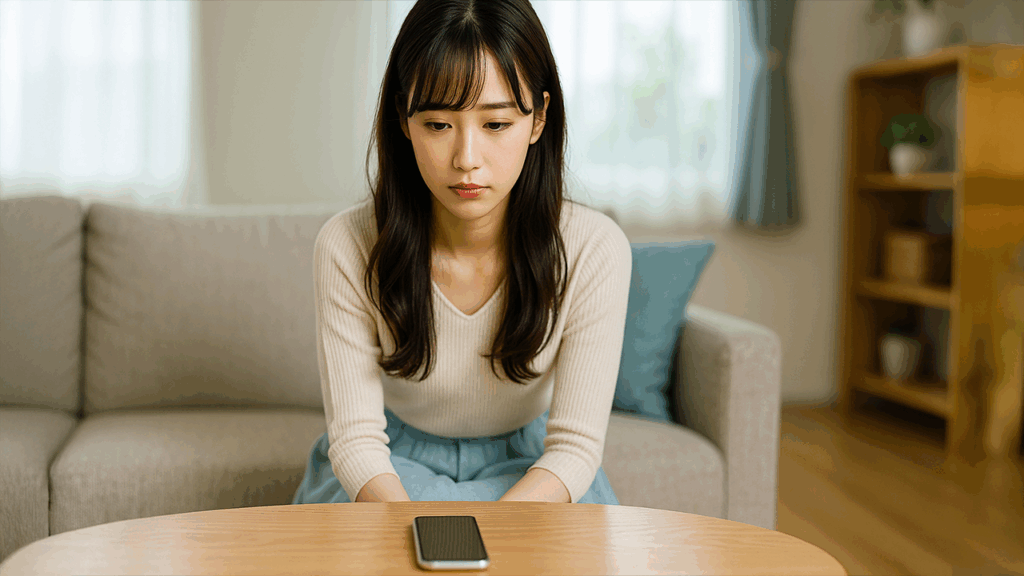 テーブルの上のスマホを呆然と眺めている女性