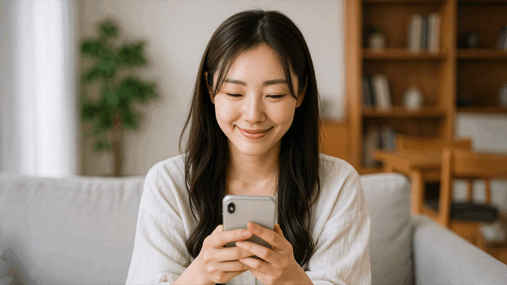 安堵の表情でスマホを見ている女性