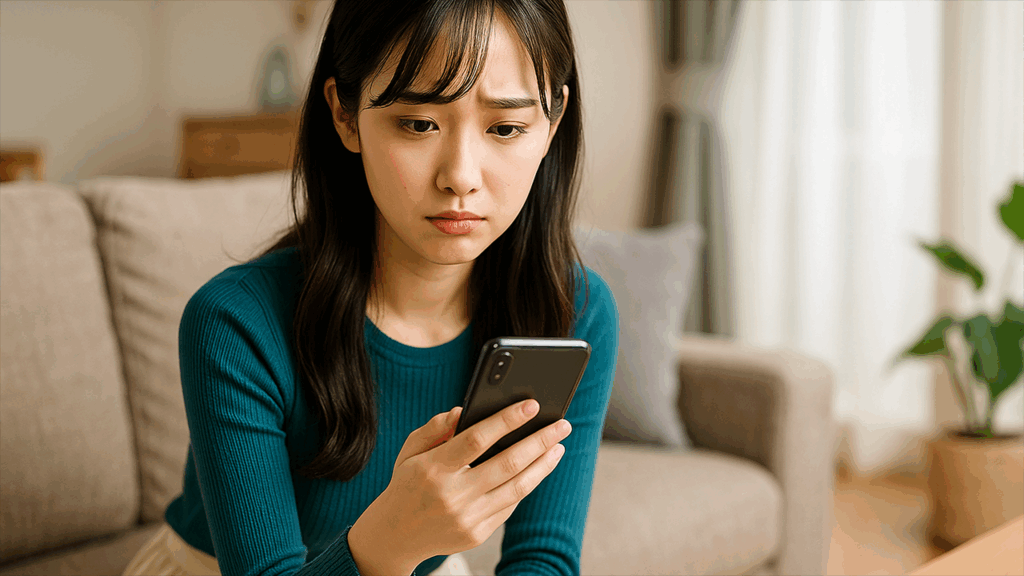 不安そうにスマホを見ている女性
