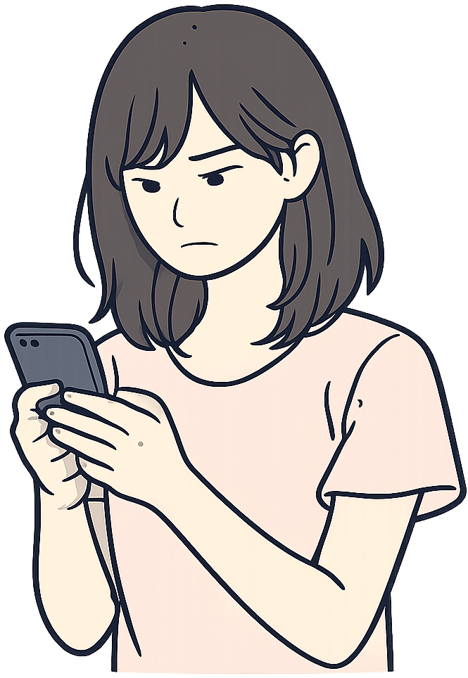 冷ややかな表情でスマホを見ている女性