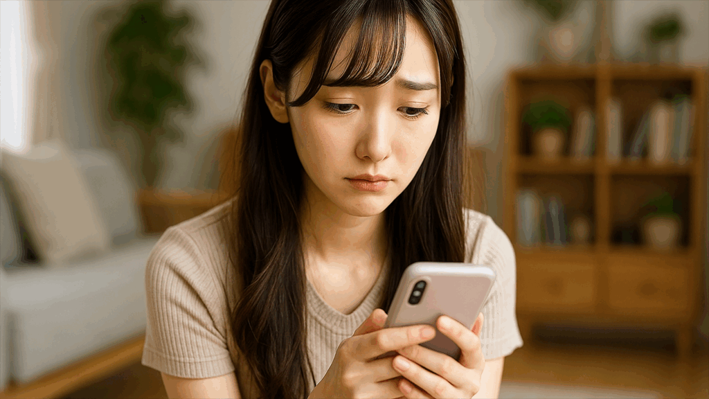 スマホを見て悩んでいる女性