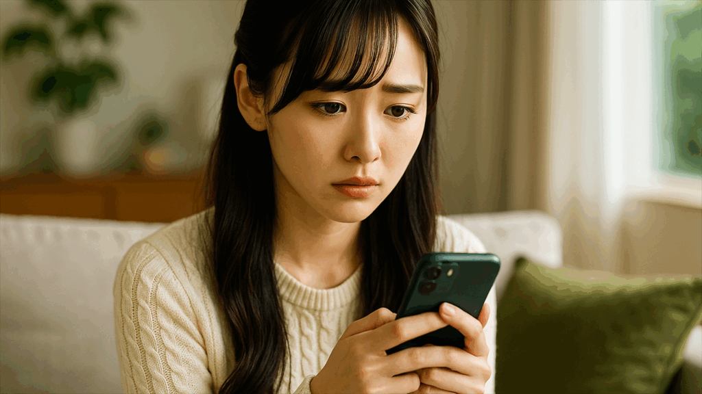 スマホを見て悩んでいる女性