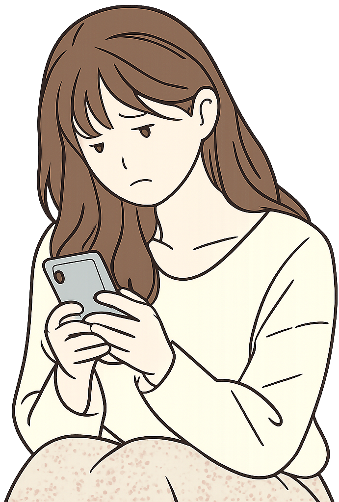 憂鬱な表情でスマホを見ている女性