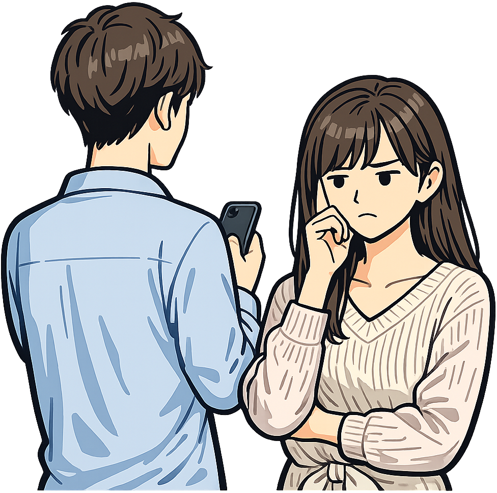 夫の後ろ姿を冷ややかな視線で見つめている妻