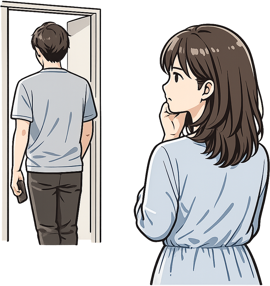 バスルームへ向かう男性の背面を見ている女性