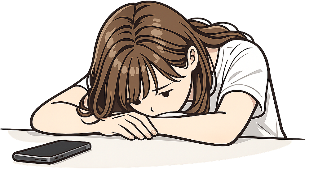 スマホをテーブルに置いてうなだれている女性